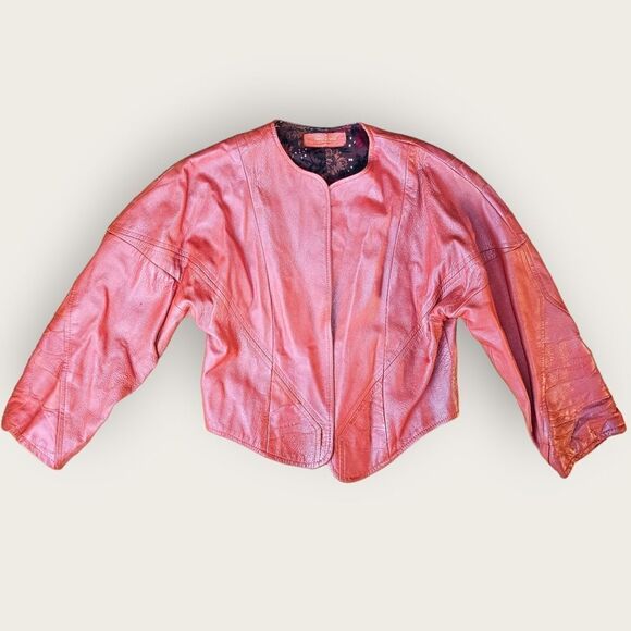 Vintage Coco Tomas Burnt Orange Coral Big Shoulder Cropped Leather Jacket - Picture 2 of 15